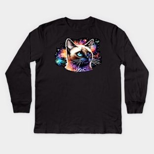 Siamese Cat With Galaxy Background Kids Long Sleeve T-Shirt